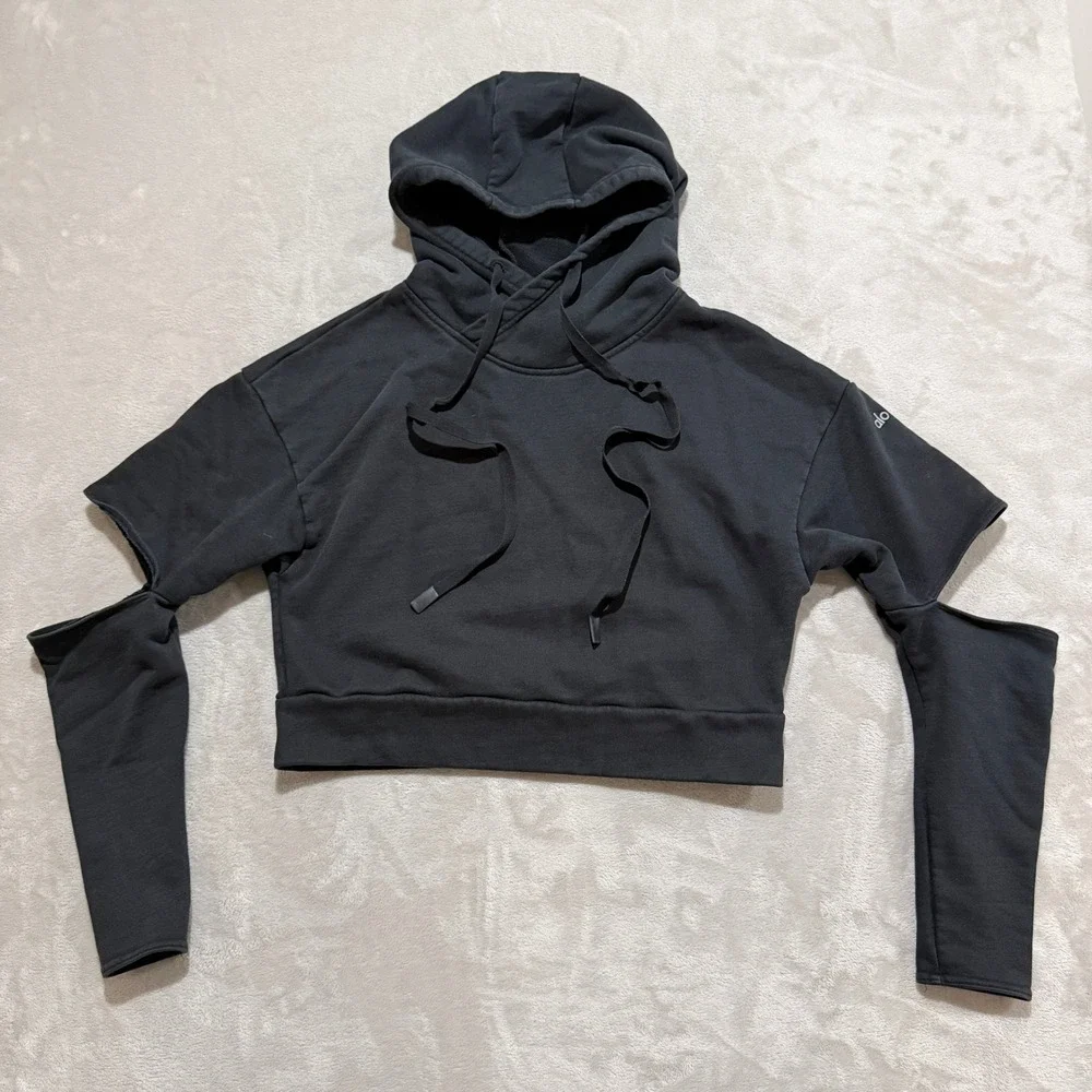 Alo Yoga Peak Cut Out Crop Hoodie Women M Black Cropped Relaxed Fit French Terry